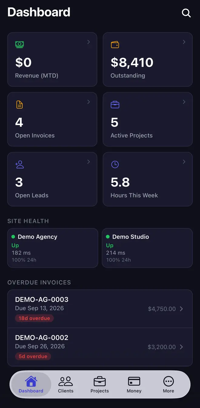 CRM iPhone app dashboard with revenue, outstanding balance, open invoices, active projects, open leads and overdue invoices