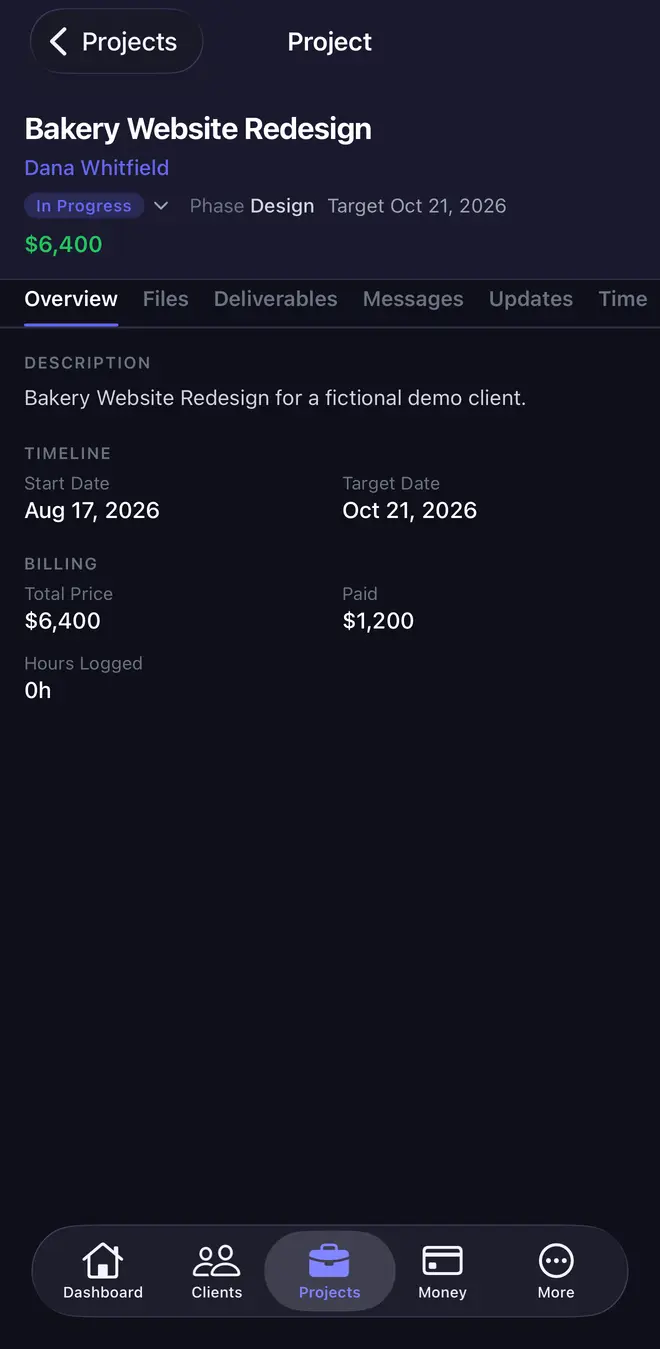 CRM iPhone app project screen with status, phase, timeline and billing