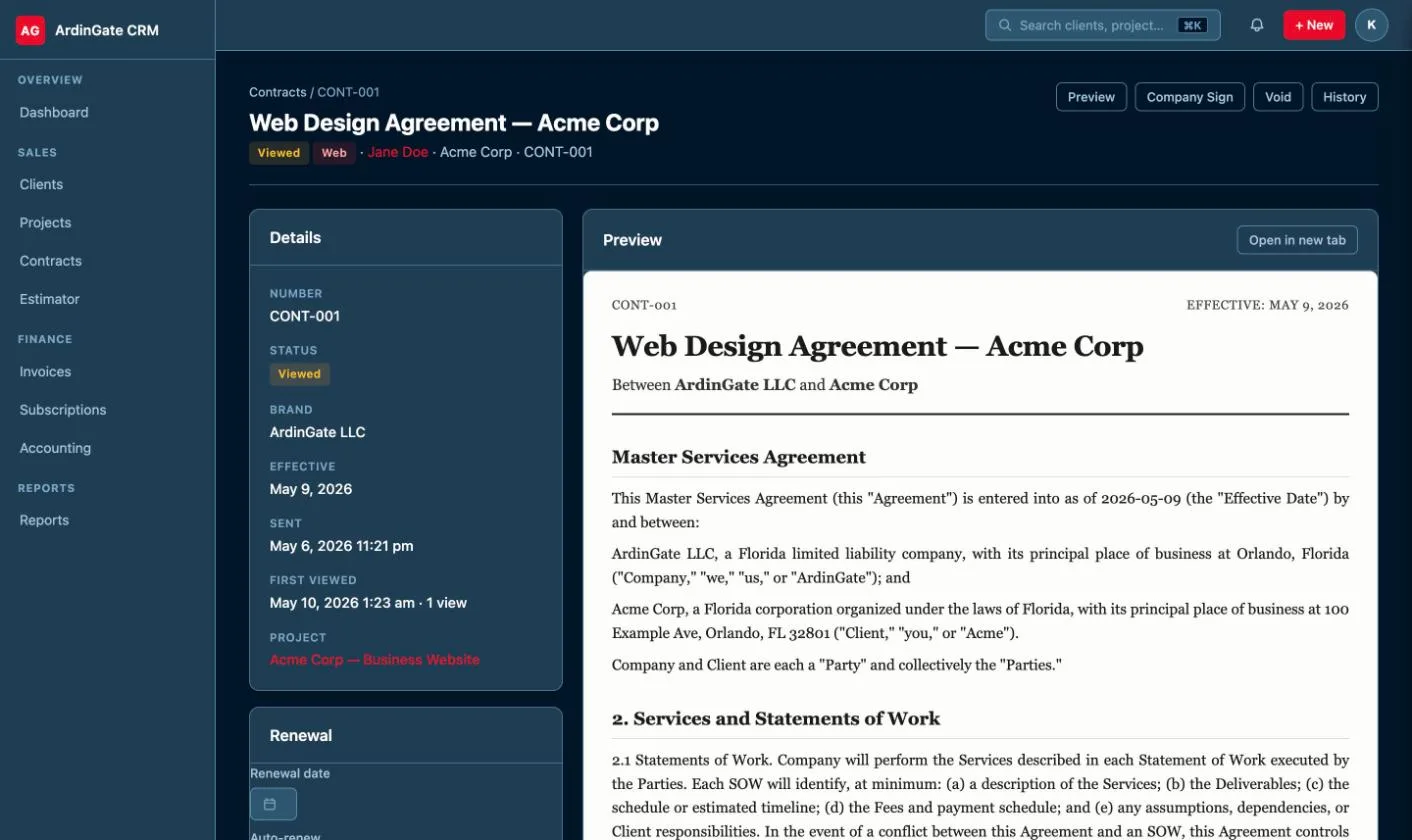 CRM contract page with signing details on the left and a preview of the agreement on the right