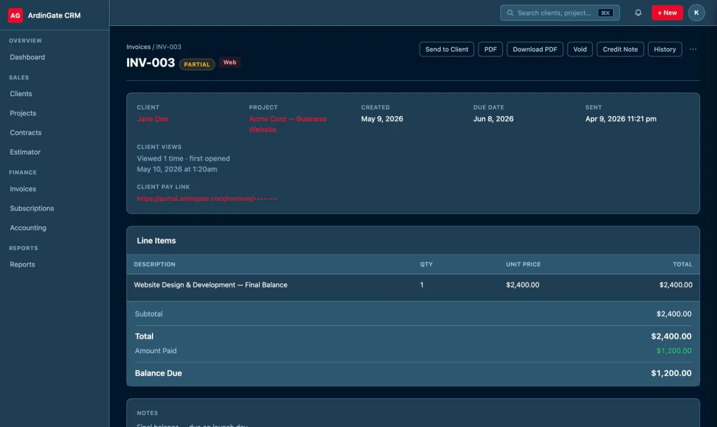 CRM invoice marked Partial, showing the line item, amount paid and balance due