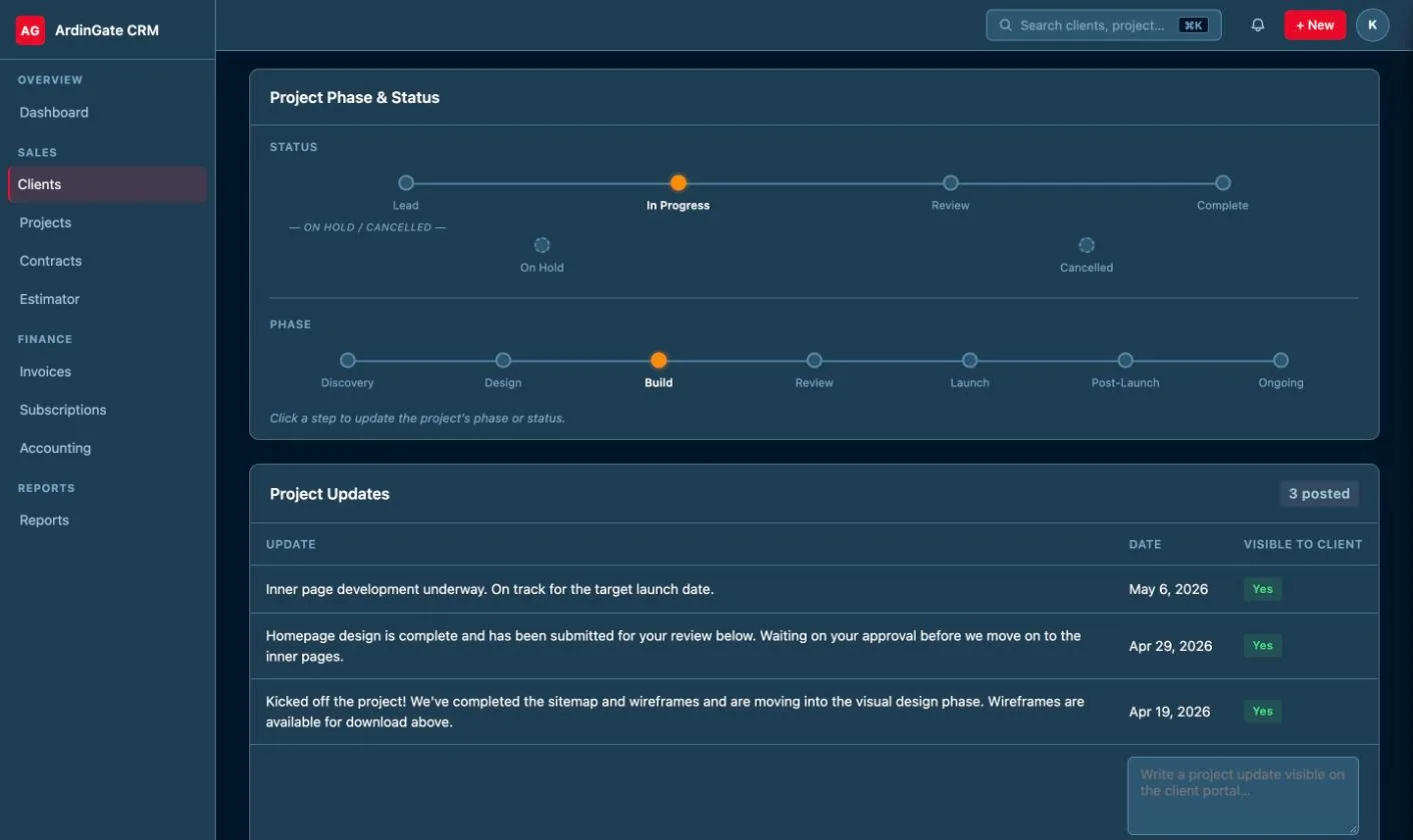 CRM project page showing a status line from Lead to Complete and a phase line from Discovery to Ongoing, with client-visible project updates below