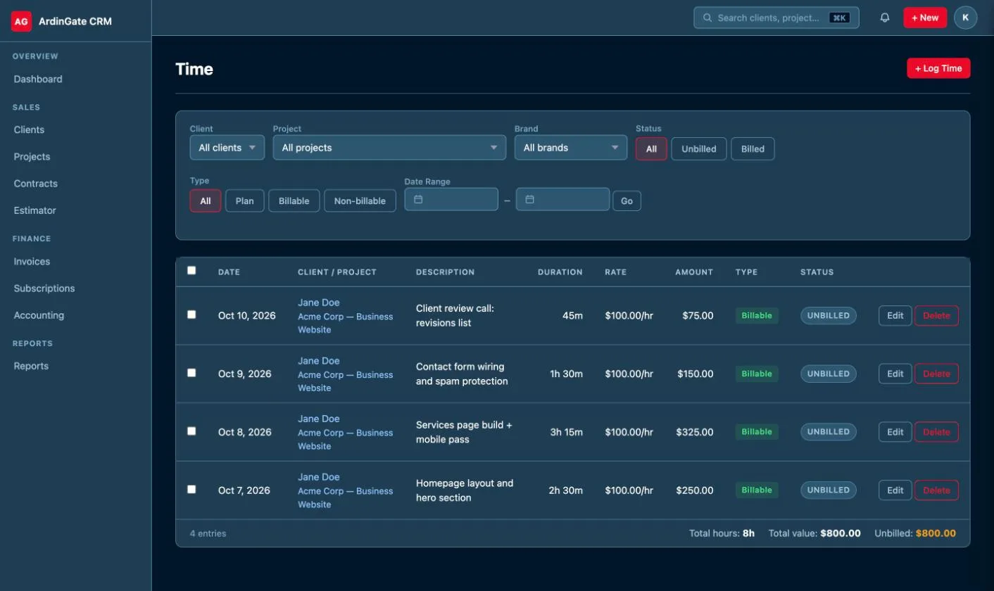 CRM time tracking list with four billable entries on one project, totalling 8 hours and $800 unbilled